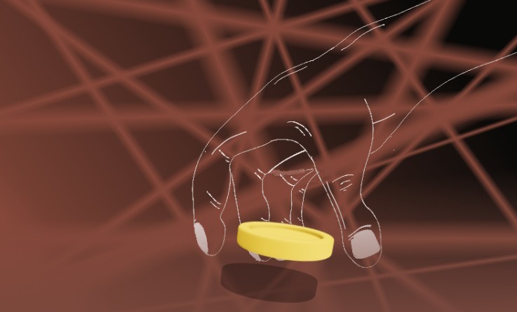 Sketched hand holding a glowing gold coin over a web background