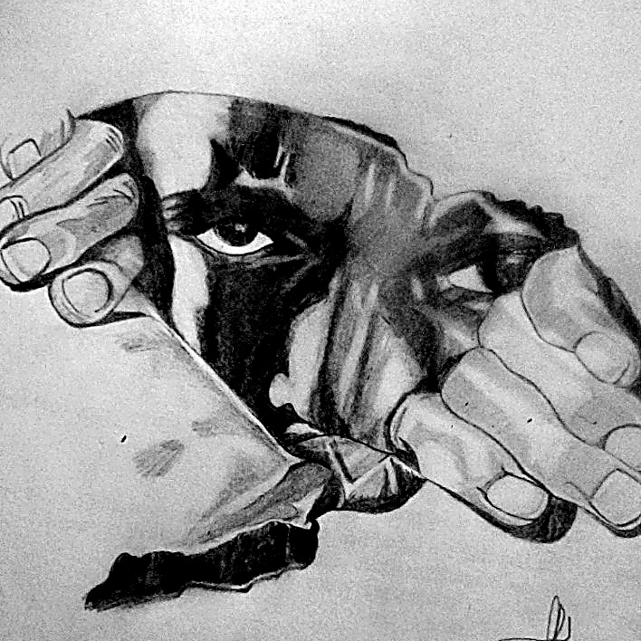 Pencil drawing of hands tearing paper to reveal a face