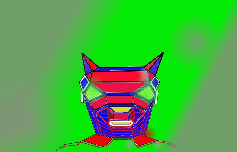 Red and blue geometric mech mask on green background