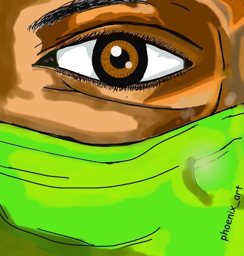 Close-up illustration of an eye above a green bandana