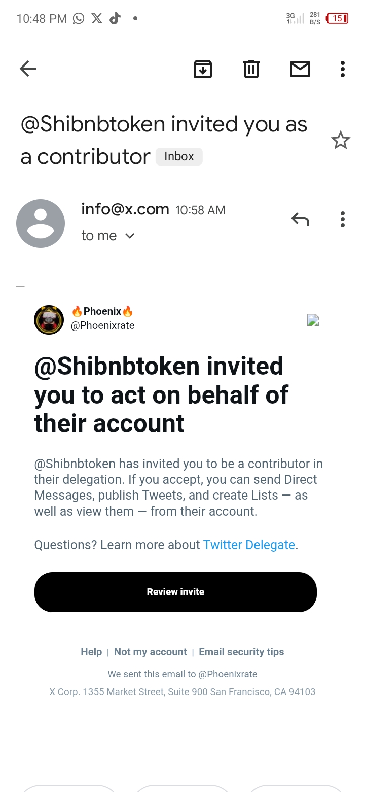 X (Twitter) Delegate invite from @Shibnbtoken inviting @Phoenixrate as a contributor to act on behalf of their account