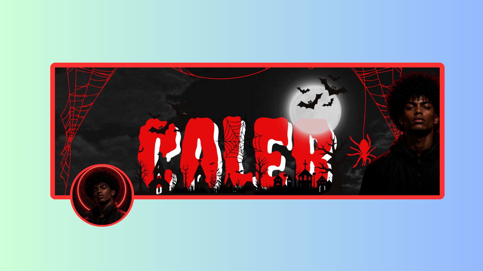 Halloween-themed banner with red typography, cobwebs and portrait